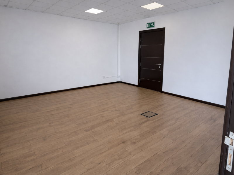 Empty office with emergency exit sign
