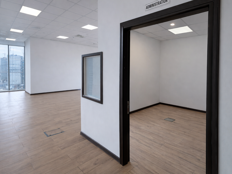 Modern office hallway with city view